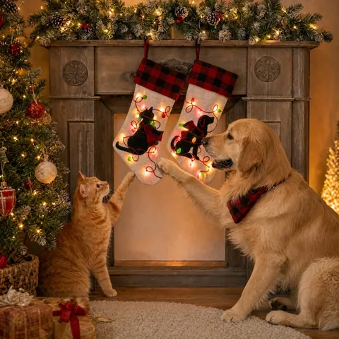 Calze di Natale Luminose a LED Gatto Cane Animale Domestico Quadretti Buffalo Lino Decorazioni da Appendere al Camino Borse Regalo