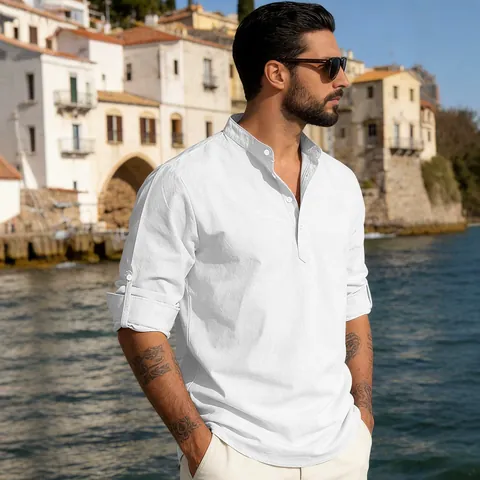 Chemise Henley Pour Hommes Manches Longues Texture Coton Lin Décontracté Col Officier Couleur Unie Coupe Ample Hauts Été