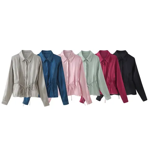 Women Satin Luster Polyester Blouse Long Sleeve Button Down Shirt With Waist Tie Bow Elegant Office Casual Solid Top