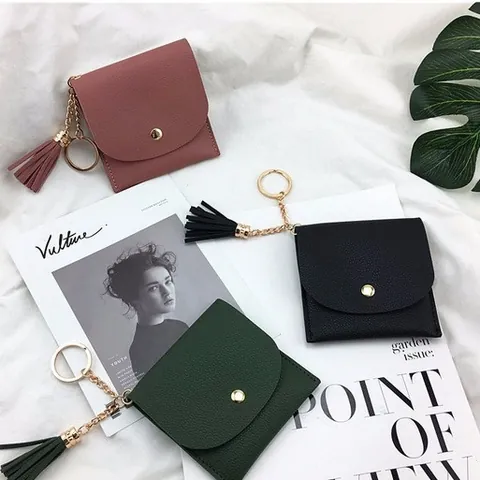 Damen Mode Quaste PU Leder Mini Münzbörse Lychee Textur Kartenhalter Kurz Geldbörse Schlüsselanhänger Münztasche Für Damen