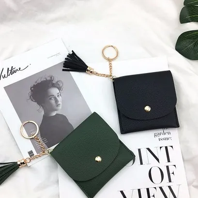 Damen Mode Quaste PU Leder Mini Münzbörse Lychee Textur Kartenhalter Kurz Geldbörse Schlüsselanhänger Münztasche Für Damen