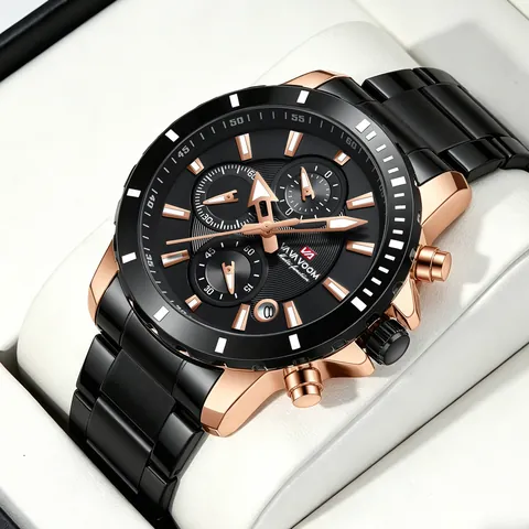 VA VA VOOM Men's Business Sports Quartz Watch Stainless Steel Band Chronograph Luminous Calendar Waterproof Wristwatch
