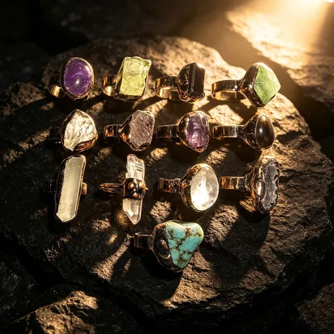 Vintage Natural Raw Stone Adjustable Open Ring Bohemian Healing Crystal Quartz Amethyst For Women Men Handmade Jewelry Gift