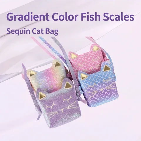 Bolso Bandolera Niña Lentejuelas Escamas Pez Sirena Forma Gato Purpurina Cuero PU Lindo Bolso Hombro Pequeño Para Niñas