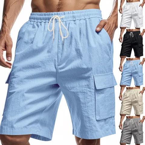 Herren American Cargo Shorts Mit Vielen Taschen Leinenmischung Lockere Passform Elastischer Kordelzug Outdoor Sport