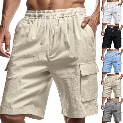 Herren American Cargo Shorts Mit Vielen Taschen Leinenmischung Lockere Passform Elastischer Kordelzug Outdoor Sport