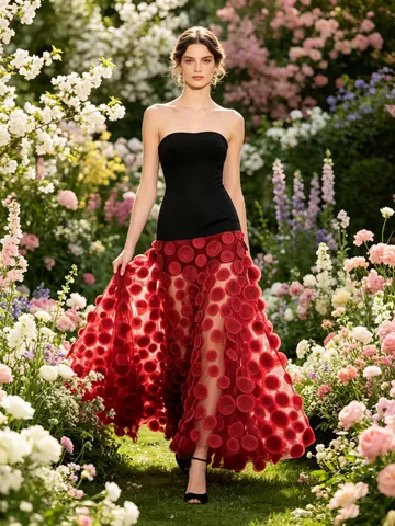 Women Sexy Tube Top Patchwork Maxi Dress With 3D Round Petal Mesh High Waist Formal Evening Gown