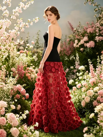 Women Sexy Tube Top Patchwork Maxi Dress With 3D Round Petal Mesh High Waist Formal Evening Gown
