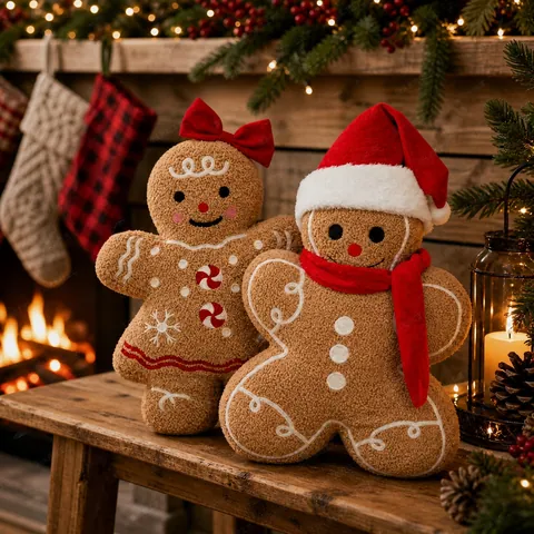Christmas Gingerbread Man Plush Pillow Sherpa Holiday Decorative Cushion Soft Stuffed Toy For Home Xmas Party Decor Gift