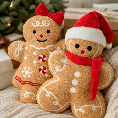Christmas Gingerbread Man Plush Pillow Sherpa Holiday Decorative Cushion Soft Stuffed Toy For Home Xmas Party Decor Gift