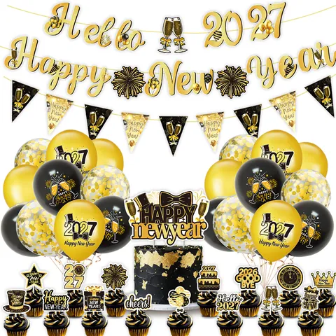 Set Decorazioni Festa Buon Anno 2027 Nero Oro Palloncini in Lattice Striscione Cake Topper Per Celebrazione Capodanno