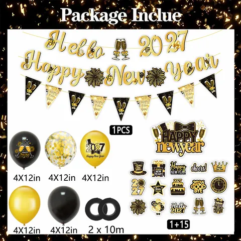 Set Decorazioni Festa Buon Anno 2027 Nero Oro Palloncini in Lattice Striscione Cake Topper Per Celebrazione Capodanno