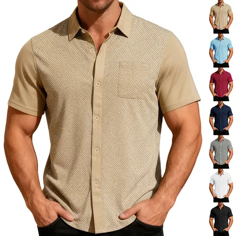 Heren Overhemd Korte Mouwen Ademend Polyester Elastaan Getextureerd Jacquard Revers Kraag Mode Zomer