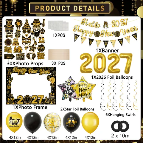 2027 Happy New Year Decorazioni per Feste Palloncini in Lattice e Alluminio Banner Oggetti di Scena Cornice Nero Oro Sfondo Festivo