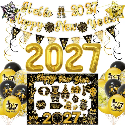 2027 Happy New Year Decorazioni per Feste Palloncini in Lattice e Alluminio Banner Oggetti di Scena Cornice Nero Oro Sfondo Festivo
