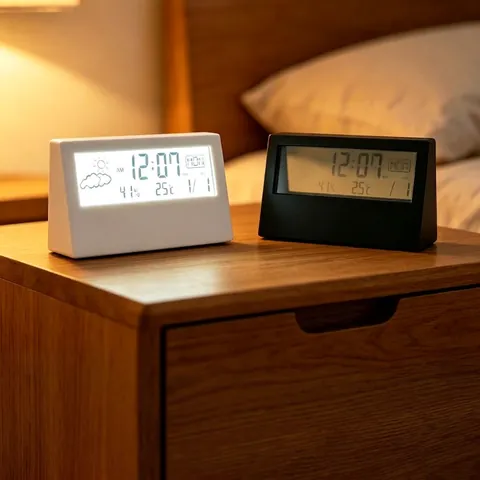 Despertador Digital Plástico Escritorio Pantalla LCD Temperatura Humedad Calendario Pronóstico Del Tiempo Minimalista Mesita De Noche