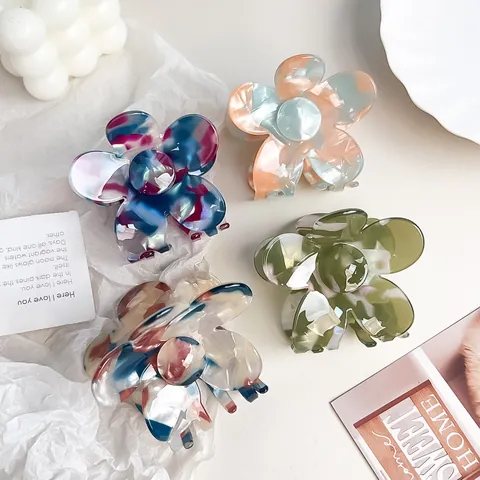 Grote Vintage Marmer Bloem Haarklem Acetaat Textuur Elegante Florale Shark Clip Voor Vrouwen Haaraccessoires Cadeau