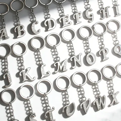 Personalized Alloy Alphabet Initial Keychain For Women Men Silver Color Rhinestone Inlaid 26 Letters Key Ring Hanging Pendant Accessory Gift
