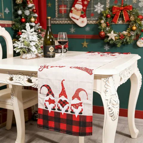 Christmas Gnome Table Runner Linen Cotton Blend Buffalo Plaid Gnomes Tablecloth For Holiday Xmas Dining Home Table Decoration