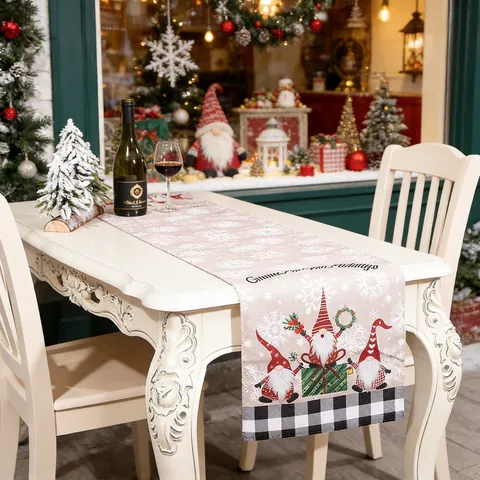 Christmas Gnome Table Runner Linen Cotton Blend Buffalo Plaid Gnomes Tablecloth For Holiday Xmas Dining Home Table Decoration