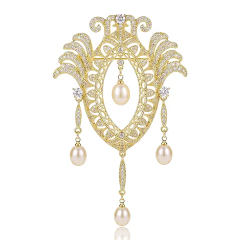 Spilla Barocca in Rame con Zirconia e Perla Artificiale Lussuosa Corsage a Fiore Traforato per Donna Gioielli per Banchetto di Nozze