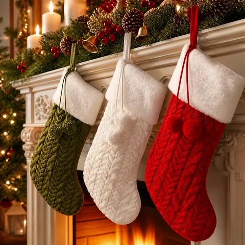 Christmas Stocking Decoration With Faux Fur Cuff Pom-Poms Cable Knit Pattern Large Polyester Gift Bag Festive Xmas Decor