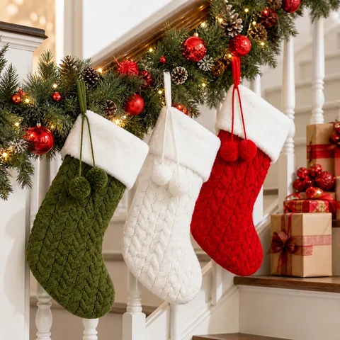 Christmas Stocking Decoration With Faux Fur Cuff Pom-Poms Cable Knit Pattern Large Polyester Gift Bag Festive Xmas Decor