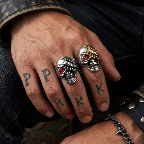 Gothic Punk Men Stainless Steel Skull Scorpion Ring With Red Rhinestone Eye Hip Hop Jewelry