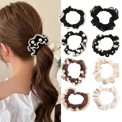 Scrunchie in Pizzo Vintage Bordo Festonato Morbido Perle Artificiali Elastici per Capelli Stile Francese Porta Coda di Cavallo Accessori per Capelli Donna
