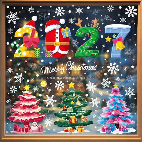 2026 Christmas Window Clings Static Stickers PVC Double Sided Glass Decals New Year Snowflake Santa Reindeer Decorations