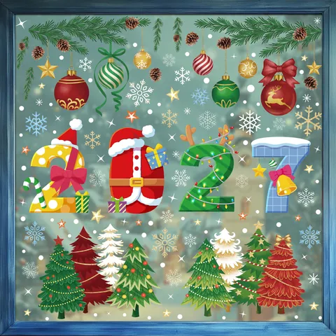 2026 Christmas Window Clings Static Stickers PVC Double Sided Glass Decals New Year Snowflake Santa Reindeer Decorations