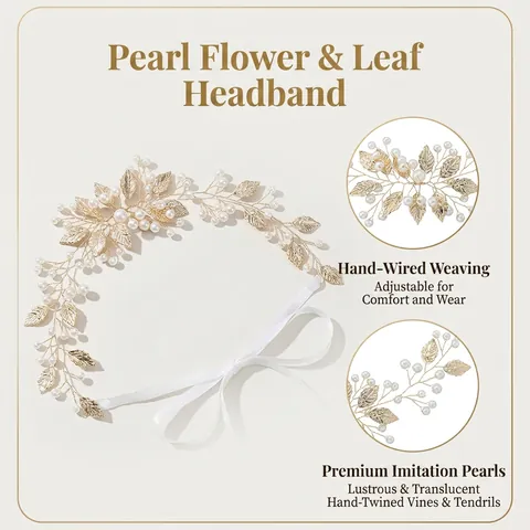 Fascia per Capelli da Sposa Fatta a Mano con Foglie d'Oro e Künstliche Perle Sintetiche Elegante Stile Foresta Accessori per Capelli Donna Nastro di Raso