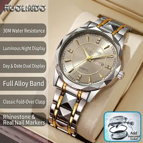 Luxury Men Fashion Quartz Watch Waterproof Luminous Double Calendar Rhinestone Dial Alloy Steel Strap Business Wristwatch