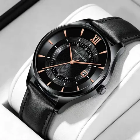 Hannah Martin Men Business Quartz Watch Waterproof Calendar Date Metal Case Genuine Leather Strap Fashion Casual Wristwatch