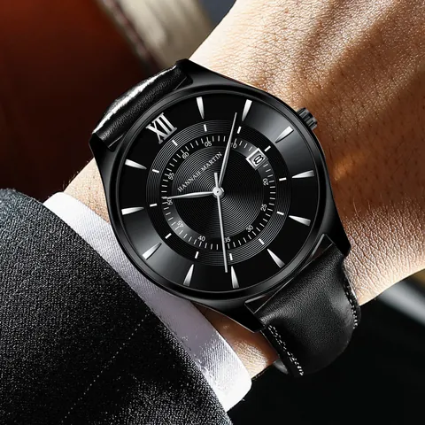 Hannah Martin Men Business Quartz Watch Waterproof Calendar Date Metal Case Genuine Leather Strap Fashion Casual Wristwatch