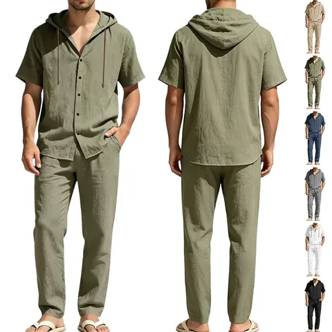 Homme Chemise À Manches Courtes À Capuche Et Pantalon Mélange De Lin Été Plage Respirant Ample Couleur Unie