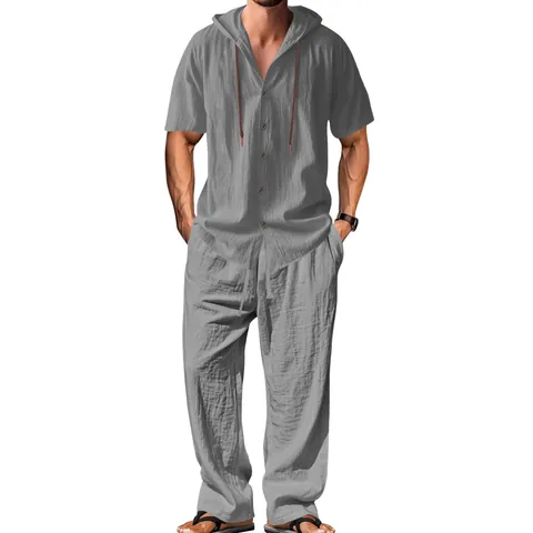 Homme Chemise À Manches Courtes À Capuche Et Pantalon Mélange De Lin Été Plage Respirant Ample Couleur Unie