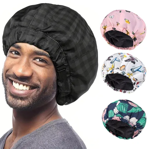 Adjustable Double Layer Waterproof Shower Cap For Women Large Floral Butterfly Print Hair Protection Bath Sleep Cap