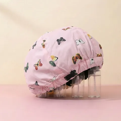 Adjustable Double Layer Waterproof Shower Cap For Women Large Floral Butterfly Print Hair Protection Bath Sleep Cap