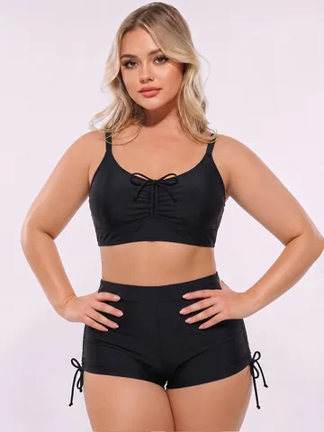 Women Plus Size Two Piece Swimsuit High Waisted Tummy Control Bikini Set Solid Color Ruched Tie Knot Beachwear Bathing Suit