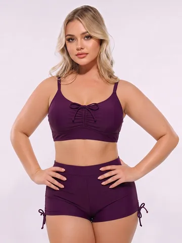Women Plus Size Two Piece Swimsuit High Waisted Tummy Control Bikini Set Solid Color Ruched Tie Knot Beachwear Bathing Suit