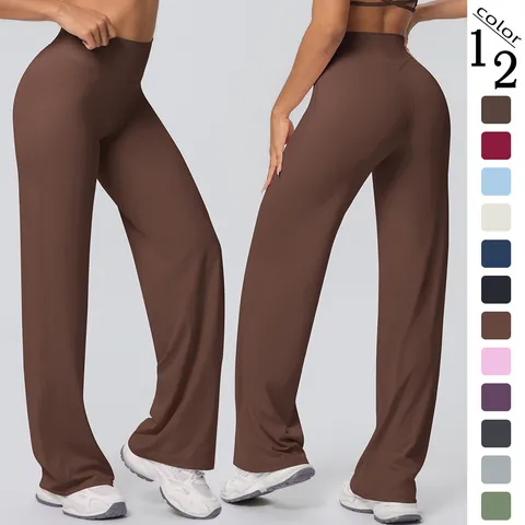 Pantaloni yoga a gamba larga a vita alta donna spazzolati double face controllo pancia traspiranti gamba svasata fitness tinta unita