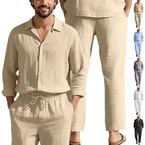 Homme Chemise Et Pantalon En Lin Coton Manches Longues Décontracté Plage Vacances Léger Confortable