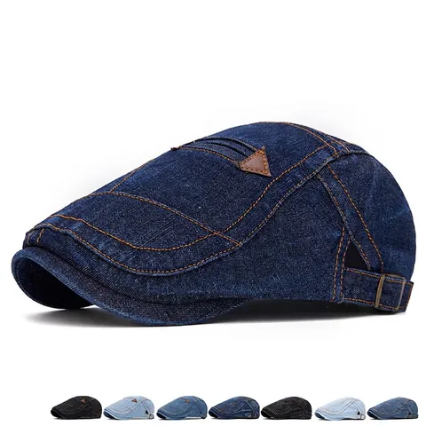 Retro Washed Denim Beret Hat Vintage Cotton Flat Cap Adjustable Ivy Cabbie Hat With Leather Patch For Men Women