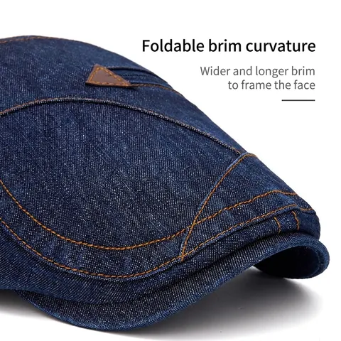 Retro Washed Denim Beret Hat Vintage Cotton Flat Cap Adjustable Ivy Cabbie Hat With Leather Patch For Men Women
