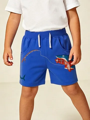 Boys European Style Shark Embroidered Cotton Shorts Summer Kids Casual Breathable Sports Shorts Royal Blue With Drawstring