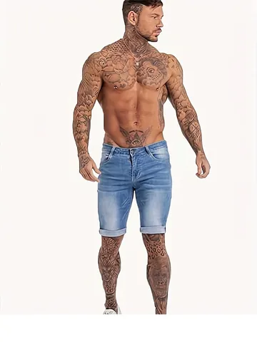 Shorts Vaqueros Lavados Slim Fit para Hombre Azul Cielo Dobladillo Elásticos Casual Street Verano Mezcla de Algodón