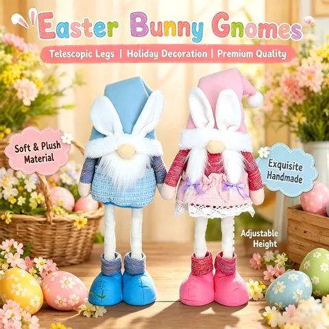 Easter Gnome Plush Decoration With Telescopic Legs Rabbit Ears Pink Blue Knitted Fabric Faceless Doll Figurine For Home Holiday Party Tabletop Ornament