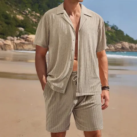 Hommes Chemise À Manches Courtes Et Short Nervuré Texturé Respirant Été Plage Vacances Décontracté