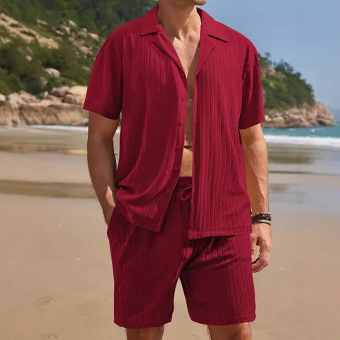 Hommes Chemise À Manches Courtes Et Short Nervuré Texturé Respirant Été Plage Vacances Décontracté